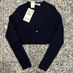 Zara One Button Crop Navy Cardigan Size M NWT